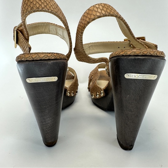 JIMMY CHOO Leather Snake Embossed Tan and Brown Wood High Heels. Size 38 US 8 - Picture 4 of 15